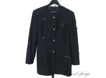 THE MOST ICONIC LOUIS FERAUD MADE IN GERMANY BLACK 2 PIECE SKIRT SUIT WITH GOLD BTS AND MULTI COLOR SLICES 10