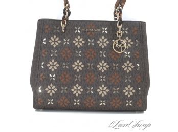#5 BRAND NEW WITHOUT TAGS AUTHENTIC MICHAEL KORS BROWN MONOGRAM 'SOFA LG' TOTE BAG WITH FALL FLORAL CUTOUTS