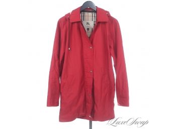ICONIC : BURBERRY LONDON MADE IN USA RED UNSTRUCTURED STORM RAIN COAT WITH TARTAN LINING & DETACHABLE HOOD 8