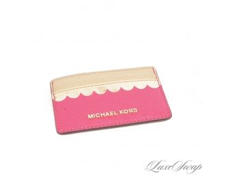#4 START HOLIDAY SHOPPING! BRAND NEW UNUSED MICHAEL KORS PINK AND GOLD SAFFIANO LEATHER SCALLOPED CARD CASE