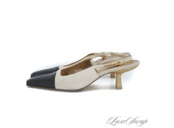 THE ONES EVERYONE WANTS! GUCCI MADE IN ITALY AVORIO SUEDE BLACK LEATHER CAPTOE SLINGBACK SHOES 9