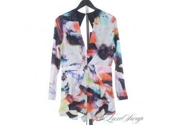 KEEPING UP! BRAND NEW WITH TAGS KENDALL & KYLIE PSYCHEDELIC WATERCOLOR DRESS WITH SPLIT NECK & RUFFLES L