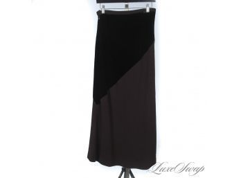 THIS IS SO ELEGANT : MARGON MADE IN ITALY CHOCOLATE BROWN LUSCIOUS VELVET AND HAMMERED CREPE LONG SKIRT 42