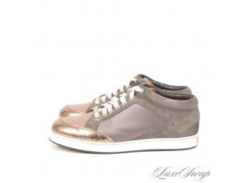 MEGA RECENT AND LIKE NEW WITHOUT BOX $500 JIMMY CHOO GREY ROSE GOLD TAUPE COLORBLOCK SUEDE LEATHER SNEAKERS 35