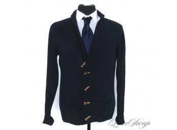 BY THE FIRE! AND MADE IN ITALY! MENS ZARA NAVY BLUE KNITTED RIBBED TRIM TOGGLE CLOSURE PUB JACKET CARDIGAN L