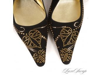 BRAND NEW WITHOUT BOX $395 ST. JOHN BLACK SUEDE SLINGBACK SHOES WITH GOLD FLORAL STUDS 8
