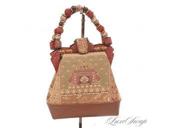 SUPER ORNATE MARY FRANCES GREEN JACQUARD CANVAS GOLD ELEPHANT DETAIL RED EMBROIDERED HANDLE BAG