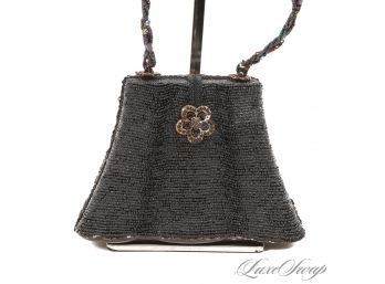 NEAR MINT AND HIGHLY ORNATE MARY FRANCES BLACK/COPPER DARK TONE FULLY EMBROIDERED EVENING BAG