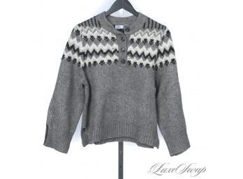 ITS COLD OUT YALL : LIKE NEW ZARA CHARCOAL GREY NORWEGIAN FAIR ISLE HALF BUTTON SPLIT SLEEVE SWEATER S