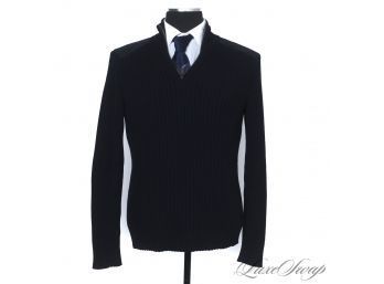 THE ONE EVERYONE WANTS! MENS BURBERRY LONDON MADE IN ITALY NAVY BLUE THICK RIBBED 1/4 ZIP SWEATER M
