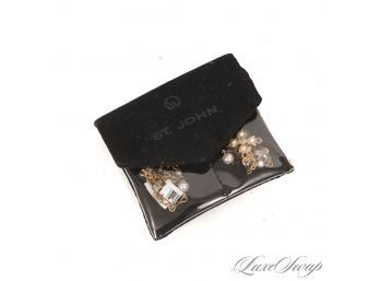 BRAND NEW IN BOX ST. JOHN GOLD METAL, FACETED CRYSTAL, AND FAUX PEARL DROP EARRINGS