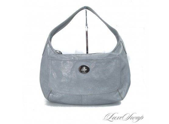 #15 COACH X-LARGE DOLPHIN GREY PATENT LEATHER CHAROL HOMBRO ZIP TOP SHOULDER BAG