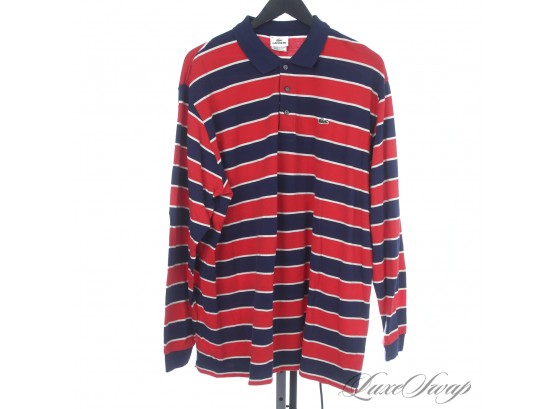LACOSTE MENS PERUVIAN MADE NAVY BLUE AND CORAL RED BLOCK STRIPE LONG SLEEVE PIQUE POLO SHIRT 10