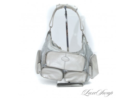 #22 INSANELY COOL AUTHENTIC TODS MADE IN ITALY SILVER LAME LEATHER AND MICROFIBER SMALL MULTIPOCKET BAG