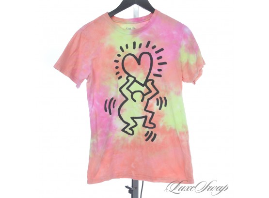 NO BOOTLEGS! AUTHENTIC KEITH HARING ESTATE LICENSED TIE DYE TEE SHIRT WITH SIGNATURE HEART HOLDING FIGURE S
