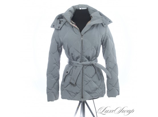 THE STAR OF THE SHOW! AUTHENTIC BURBERRY SILVER GREY GOOSE DOWN FILLED BELTED QUILTED PARKA COAT M