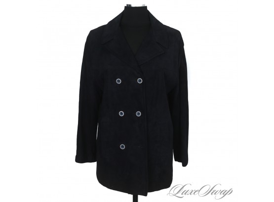ADORABLE : VINTAGE 1970S WOMENS NAVY BLUE CHEVRE' SUEDE UNSTRUCTURED DOUBLE BREASTED COAT 14