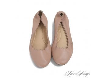 PERFECTION : CHLOE MADE IN ITALY MAUVE INFUSED NUDE SCALLOPED SOFT LEATHER BALLET FLAT SHOES 37 / 7