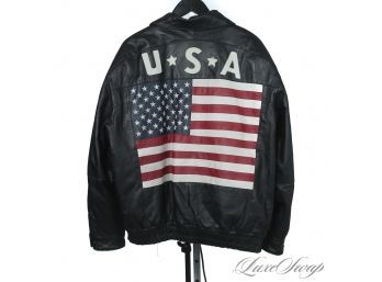 WHERES THE PATRIOTS? VINTAGE 1990S DONA MICHI BLACK HEAVYWEIGHT LEATHER ZIPOUT LINED USA AMERICAN FLAG COAT 2X
