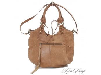 #35 TOTAL BOHO VIBES! LUCKY BRAND TUMBLED DISTRESSED CARAMEL LUGGAGE BROWN LEATHER SLOUCHY BAG