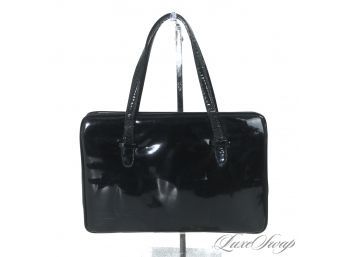 #34 A GORGEOUS BUT ANONYMOUS VINTAGE 1950S 60S BLACK PATENT LEATHER TOP FRAME DOUBLE STRAP BAG