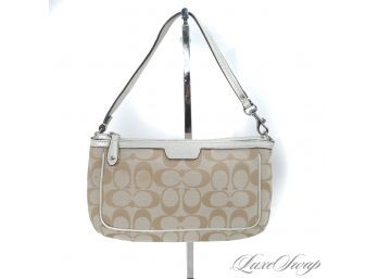 #5 THE ONE EVERYONE WANTS! COACH BEIGE MONOGRAM CANVAS WHITE LEATHER TRIM SMALL SHOULDER BAG