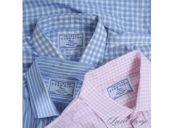 LOT OF 3 MENS CHARLES TYRWHITT BUTTON DOWN DRESS SHIRTS IN BLUE AND PINK CHECKS AND STRIPES 17