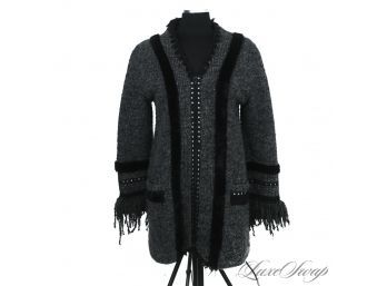 SWADDLE UP! NORDSTROM MADE IN ITALY CHARCOAL MOHAIR BLEND FRINGED CUFF FULL ZIP SWEATER JACKET