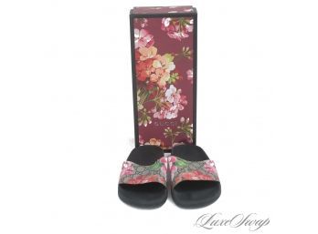 THE ONES EVERYONE WANTS! AUTHENTIC GUCCI MADE IN ITALY 'BLOOMS' FLORAL MONOGRAM SLIDE SANDALS 37 / 7