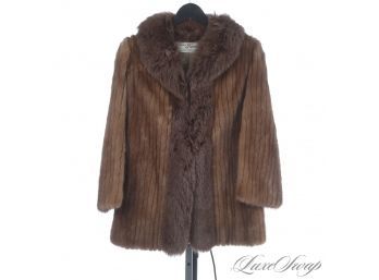 THE STAR OF THE SHOW! FADEN FURS GENUINE SLICED MINK FUR NATURAL BROWN COAT WITH FOX FUR TRIM