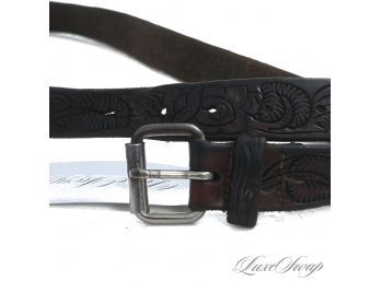 PERFECT RALPH VIBES! ANONYMOUS HAND TOOLED OILED THICK RUGGED LEATHER WESTERN BELT WITH ROLLER BUCKLE