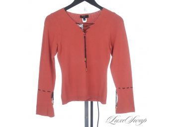 LIKE NEW KATIE SUE MADE IN USA ORANGE STRETCH KNIT V-NECK SWEATER WITH BROWN THREAD DETAILS M