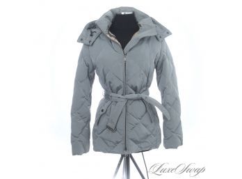 THE STAR OF THE SHOW! AUTHENTIC BURBERRY SILVER GREY GOOSE DOWN FILLED BELTED QUILTED PARKA COAT M