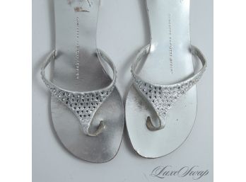 HEY TWINKLE TOES : GIUSEPPE ZANOTTI DESIGN MADE IN ITALY SILVER LEATHER AND BLING CRYSTAL THONG SANDALS 37.5