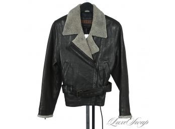 STUNNING QUALITY SIENA STUDIO CHOCOLATE BROWN LEATHER BELTED MOTORCYCLE JACKET WITH SHEARLING DETAILS S