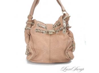 #21 THE STAR OF THE SHOW! AUTHENTIC JIMMY CHOO 'RAMONA' CAMEL LEATHER BAG WITH SNAKESKIN TRIM