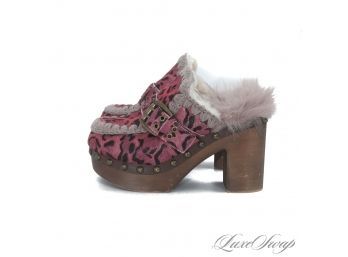 EXCEPTIONALY COOL! MOU BERRY PINK PONYSKIN GENUINE SHEARLING LINED FUR TRIMMED CLOG SHOES 37