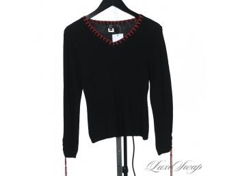 LIKE NEW KATIE SUE MADE IN USA BLACK STRETCH KNIT V-NECK SWEATER WITH RED THREAD DETAILS M