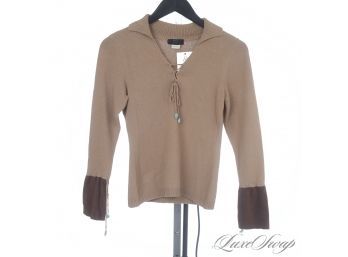 LIKE NEW KATIE SUE MADE IN USA CAPPUCCINO STRETCH KNIT V-NECK SWEATER WITH SUEDED CUFF DETAILS M