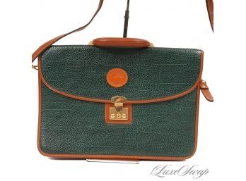 A VERY NICE MONEY GREEN TEXTURED LEATHER BRIEFCASE BAG WITH TAN LEATHER TRIM