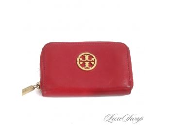 AUTHENTIC TORY BURCH CHERRY RED CALF LEATHER GOLD MONOGRAM ZIP WALLET