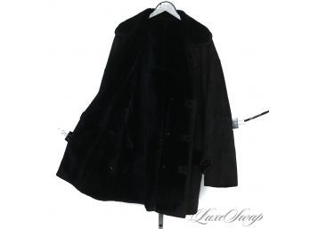 SUPREMELY WARM! ANONYMOUS MIDNIGHT NAVY BLUE FULL SHEARLING FUR LINED SUEDE UNSTRUCTURED WOMENS DB COAT