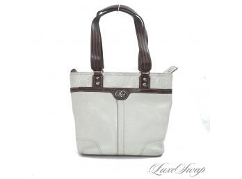 #1 COACH WHITE GRAINED LEATHER SILVER TURNLOCK BROWN TRIM DOUBLE HANDLE 'HAMPTON' BAG
