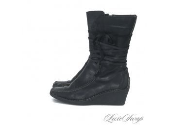 LIKE NEW PREGO BLACK GRAINED LEATHER RUBBER WEDGE SOLE WRAPAROUND TALL WINTER BOOTS 39