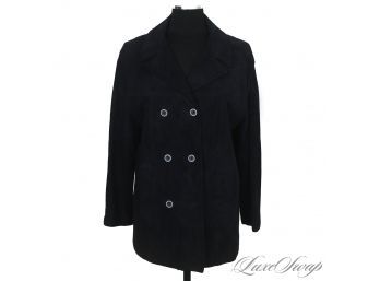 ADORABLE : VINTAGE 1970S WOMENS NAVY BLUE CHEVRE' SUEDE UNSTRUCTURED DOUBLE BREASTED COAT 14