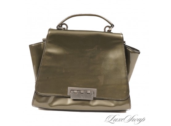 SUCH A GREAT COLOR AND SHAPE! ZAC POSEN PEARL GREY SHIMMERING PATENT LEATHER FLAP LOCK SATCHEL BAG