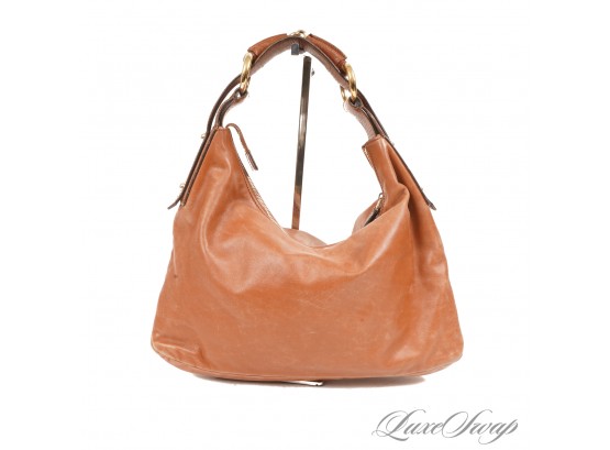 #19 THE STAR OF THE SHOW! AUTHENTIC GUCCI MADE IN ITALY CARAMEL LEATHER SLOUCHY HOBO BAG W/HORSEBIT STRAP
