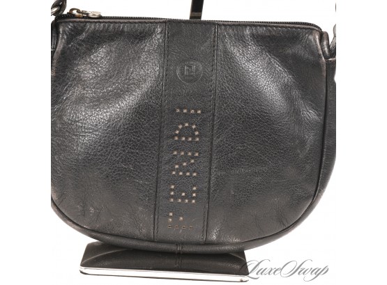 THE STAR OF THE SHOW! VINTAGE 1980S 1990S AUTHENTIC FENDI MADE IN ITALY BLACK LEATHER PERFORATED LOGO BAG