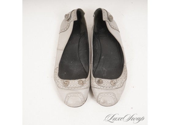 AUTHENTIC BALENCIAGA MADE IN ITALY ASH GREY LIZARD PRINT LEATHER 'MOTORCYCLE' STUDDED BALLET FLAT SHOES 37 / 7
