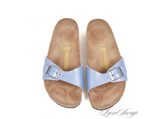 THE ONES EVERYONE WANTS! AUTHENTIC BIRKENSTOCK MADE IN GERMANY METALLIC PERWINKLE BLUE SINGLE STRAP SANDALS 38